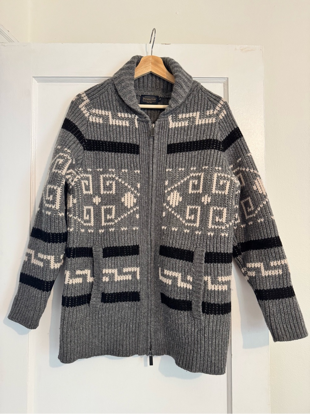 Pendleton Gray & Cream Geometric Zip-Up Shawl Collar Sweater
